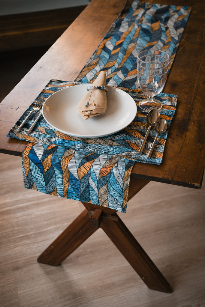 Modern Gold and Blue Braids Turkish Upholstery Fabric Runner