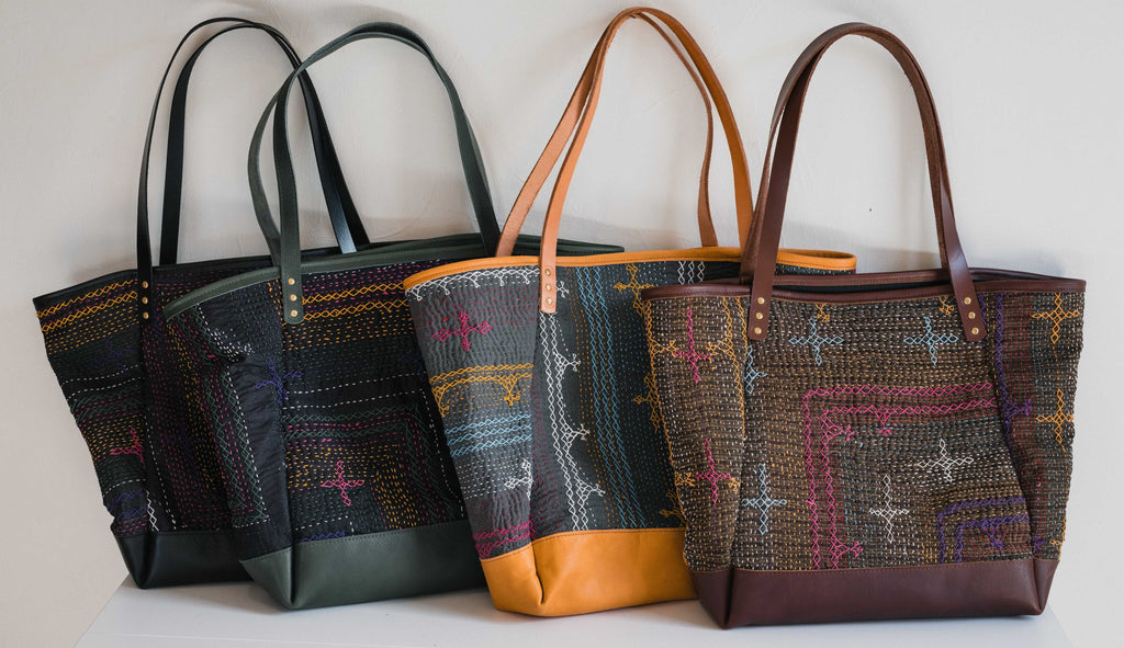 Vintage Pakistani Saami Quilt Angle Bag in Black and Multi-Color Fabric with Saddle Leather