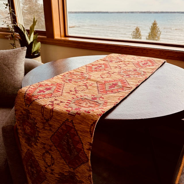 Golden sand with red, mauve and taupe Navajo print Turkish chenille table runner