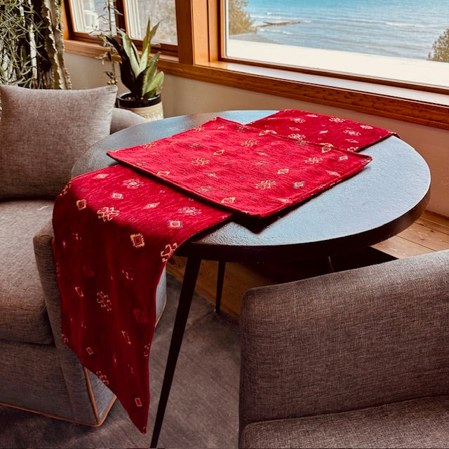 Red with gold and sand print Turkish chenille table runner