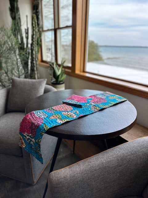 Electric blue with multi-color fruit and floral Kantha table runner