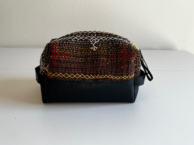 Vintage Pakistani Saami Quilt Dopp Kit Makeup Bag in Chocolate and Multi-color Fabric with Black Leather