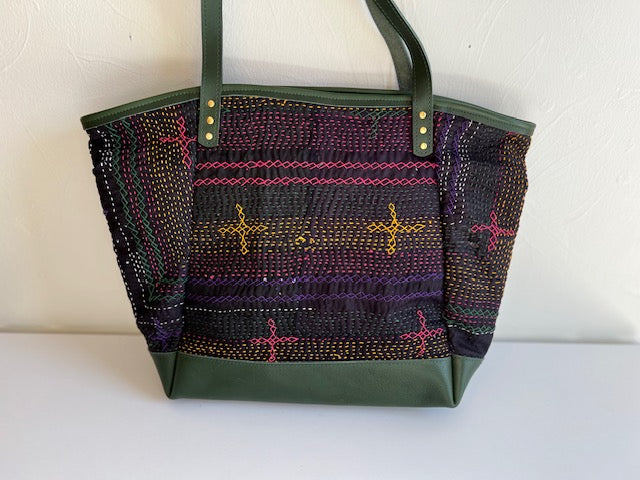 Vintage Pakistani Saami Quilt Angle Bag Black and Multi-color with Spruce Green Leather
