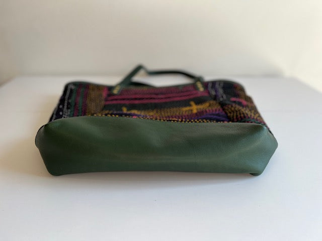 Vintage Pakistani Saami Quilt Angle Bag Black and Multi-color with Spruce Green Leather