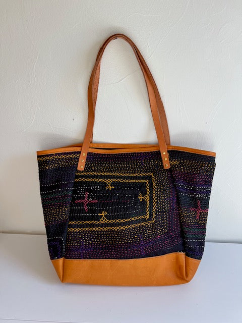 Vintage Pakistani Saami Quilt Angle Bag in Black and Multi-Color Fabric with Saddle Leather