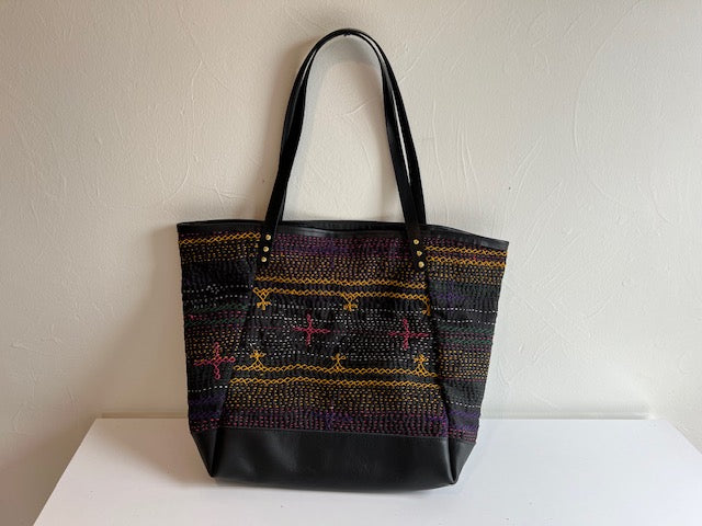 Vintage Pakistani Saami Quilt Angle Bag in Gray and Multi-color Fabric and Black Leather