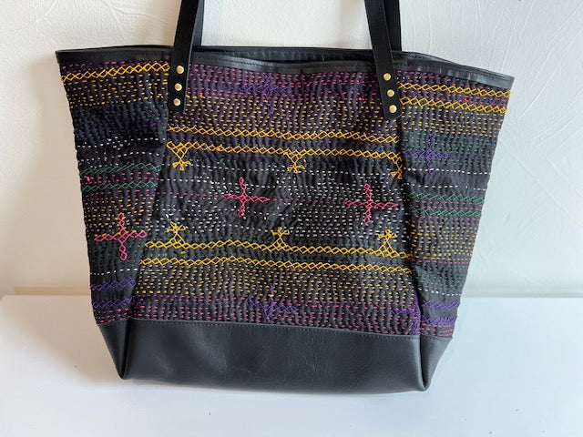 Vintage Pakistani Saami Quilt Angle Bag Black and Multi-color with Black Leather