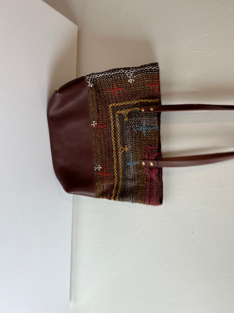 Vintage Pakistani Saami Quilt Small Tote Bag in Chocolate and Multi-color Fabric with Hazelnut Leather