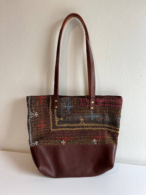 Vintage Pakistani Saami Quilt Small Tote Bag in Chocolate and Multi-color Fabric with Hazelnut Leather