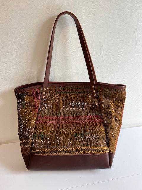 Vintage Pakistani Saami Quilt Angle Bag in Caramel and Multi-color Fabric with Hazelnut Leather
