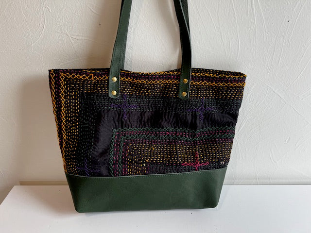 Vintage Pakistani Saami Quilt Small Tote Bag in Black and Multi-color Fabric with Spruce Green Leather