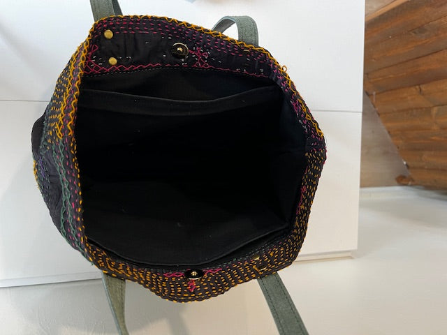 Vintage Pakistani Saami Quilt Small Tote Bag in Black and Multi-color Fabric with Spruce Green Leather