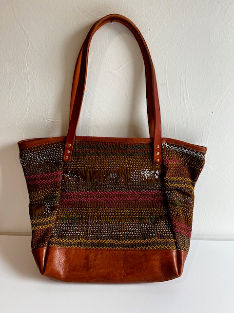 Vintage Pakistani Saami Quilt Angle Bag in Chocolate and Multi-color Fabric and Chestnut Leather