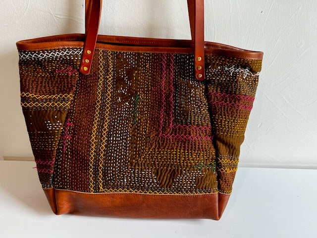 Vintage Pakistani Saami Quilt Angle Bag in Chocolate and Multi-color Fabric and Chestnut Leather