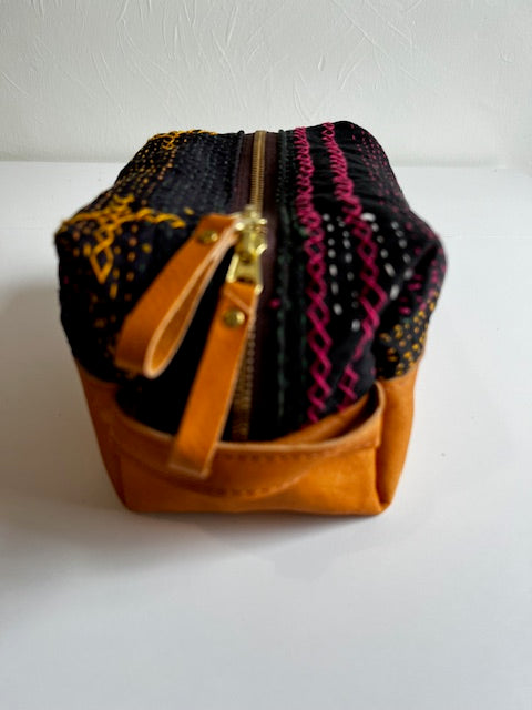 Vintage Pakistani Sammi Quilt Dopp Kit Makeup Bag in Black and Multi-color Fabric with Saddle Leather