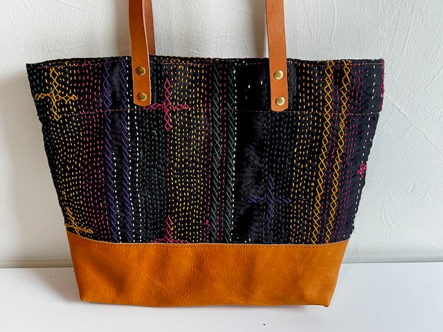 Vintage Pakistani Saami Quilt Small Tote Bag in Black and Multi-color Fabric with Saddle Leather