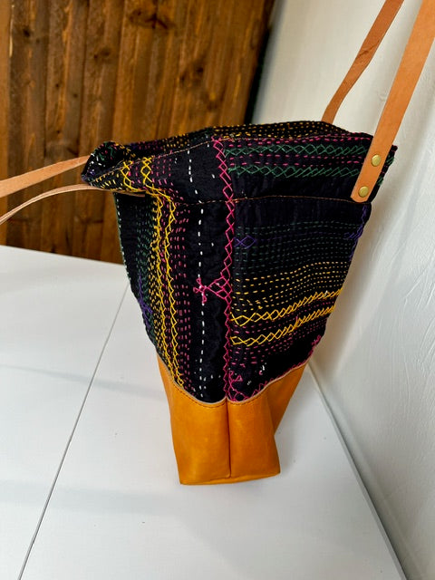 Vintage Pakistani Saami Quilt Small Tote Bag in Black and Multi-color Fabric with Saddle Leather